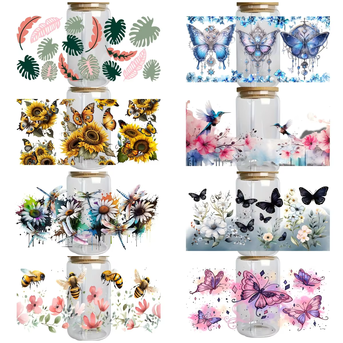 Thème abeille miel 16oz Libbey verre tasse enveloppes bricolage UV DTF autocollant motif papillon étanche 3D