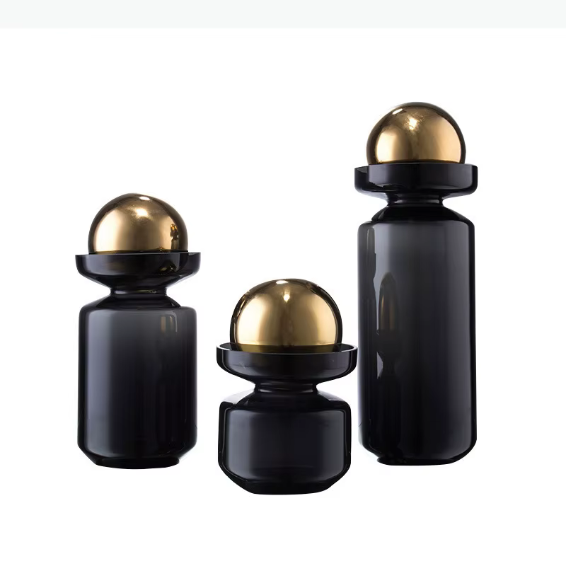 Vase en verre noir avec couvercle en boule dorée, décoration de bureau, arrangement floral, pots de fleurs hydroponiques, décoration esthétique florale pour la pièce