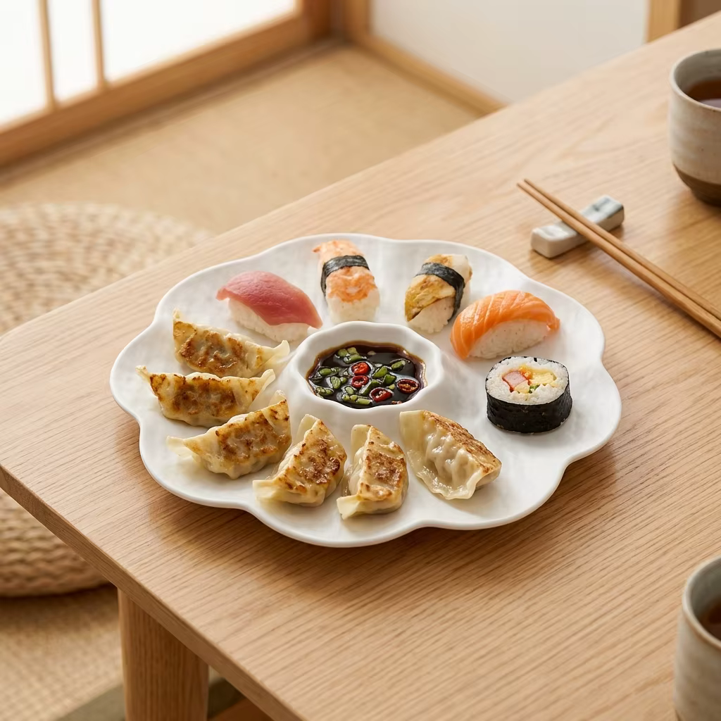 Plateau à dumplings japonais en plastique avec coupelle à sauce