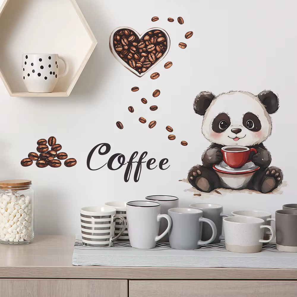 Autocollant mural de panda dessinant un panda buvant du café