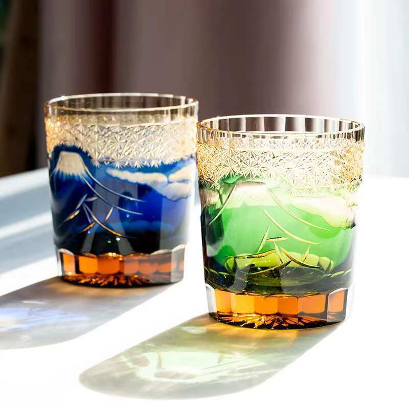 Gravure à la main japon mont Fuji Edo Kiriko verre à whisky ambre cristal verres à vin gobelet