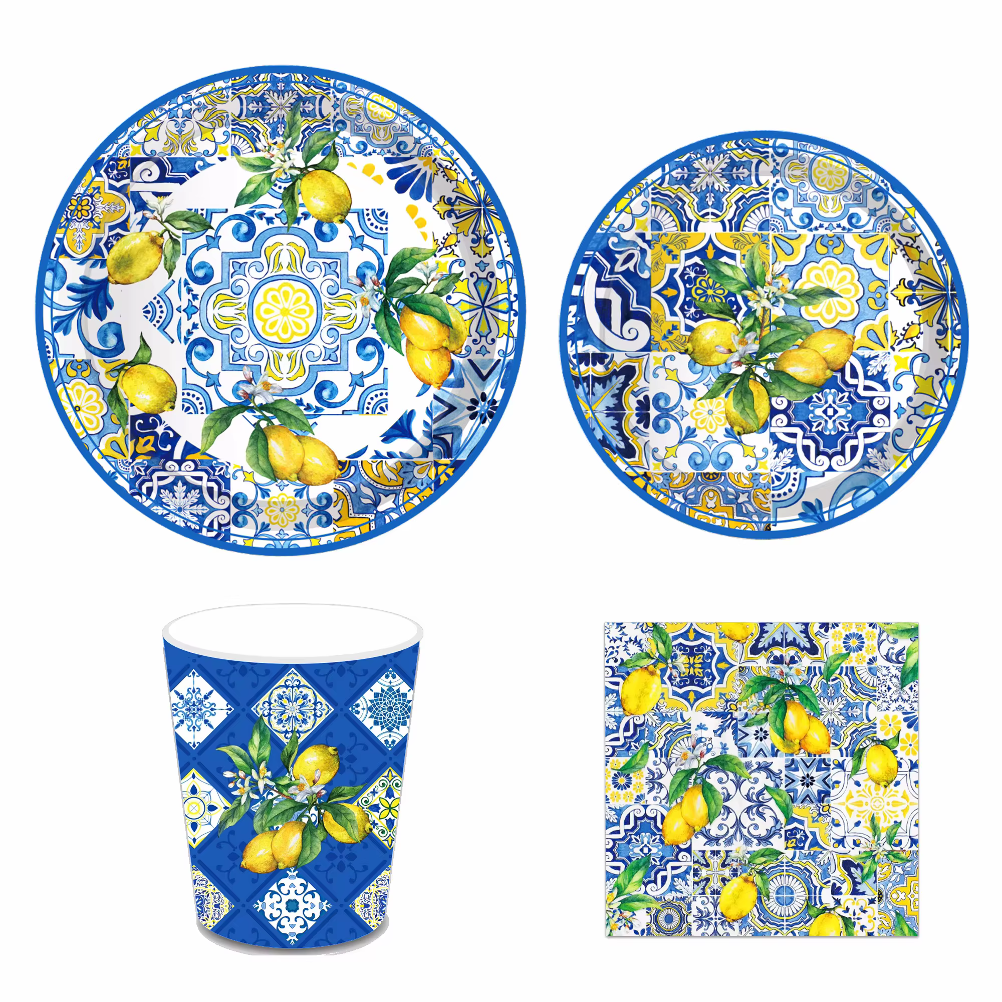 Ensemble de vaisselle jetable en porcelaine bleue et blanche