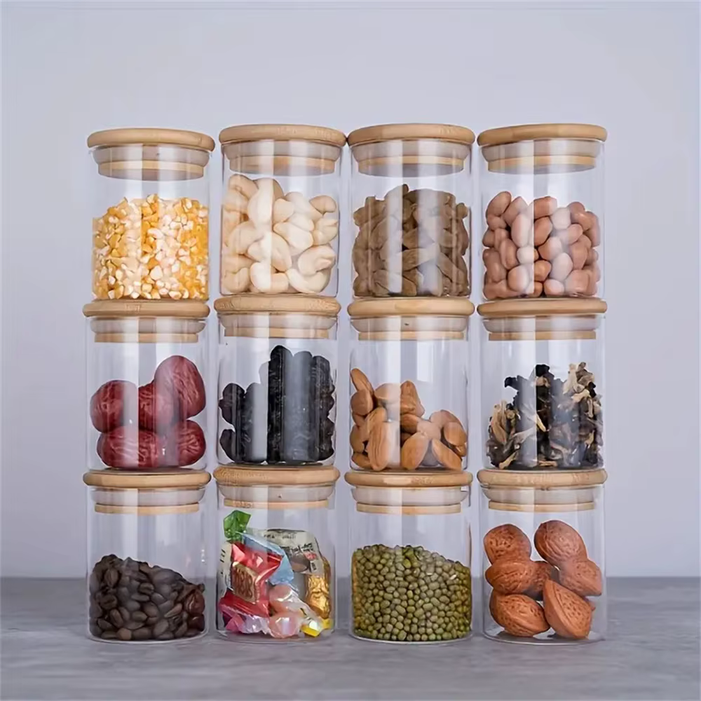 12 pots en verre avec couvercle en bambou 250 ml