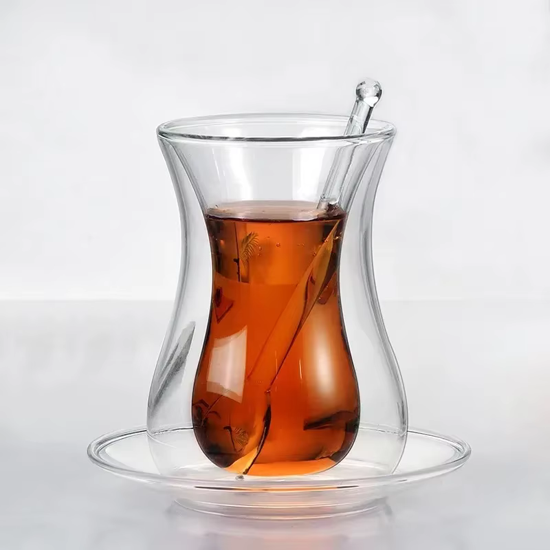 Beauté tasse à thé noir soucoupe cuillère à café ensembles turc Bohea Double paroi verre isolé thermique
