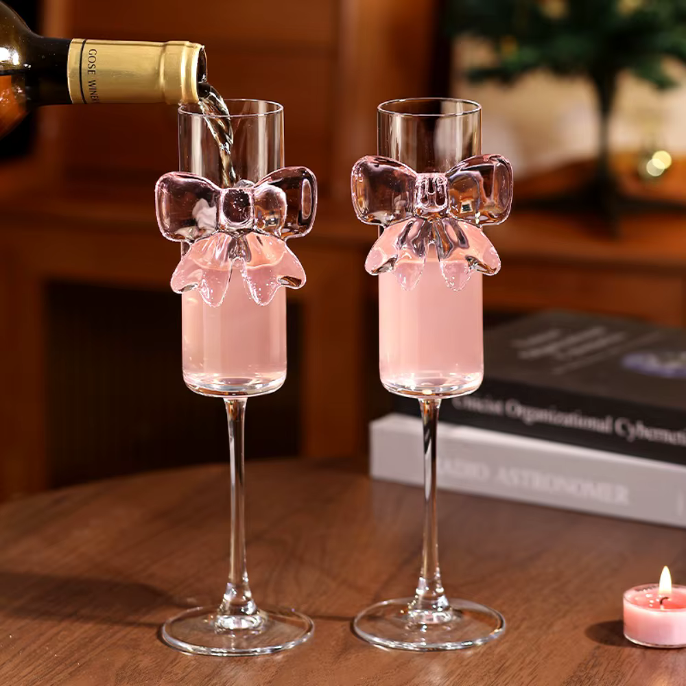 Verre à Champagne avec nœud rose clair