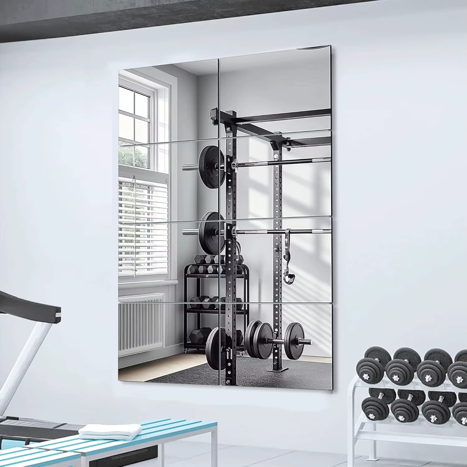 Miroirs muraux sans cadre 14'x12'x8 pièces, panneaux en verre trempé pleine longueur résistants aux chocs pour la maison, la salle de sport, la salle de bain, le lit