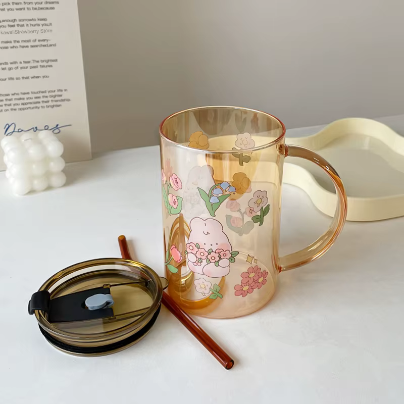Tasse en verre avec couvercle en paille en forme de lapin mignon, Kawaii, pour café, lait, bière, vin, verres à boire, tasse pour eau et jus coréens, cadeau