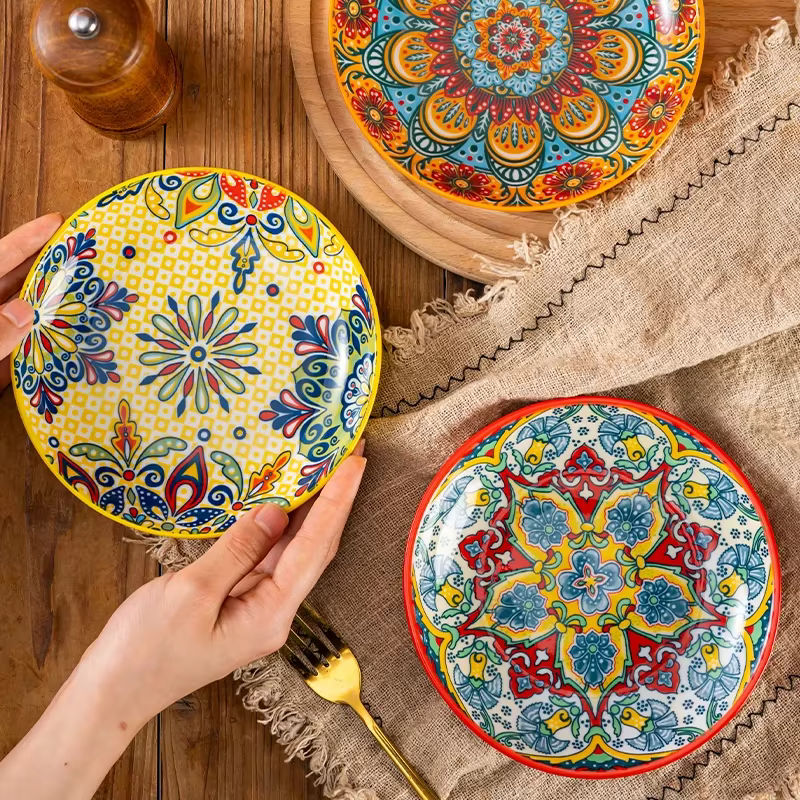 Assiette peu profonde en céramique bohème de 6.5 pouces
