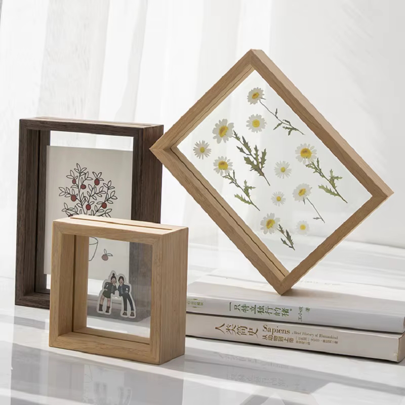 Cadre d'affichage en bois massif transparent, verre double face, cadres photo, boîte d'ombre