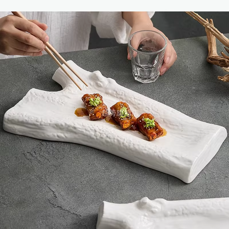 Assiette en céramique blanche mate, assiette de service, assiette à dessert, assiette à collation, assiette à sushi, assiettes en forme de branche d'arbre, vaisselle moléculaire pour restaurant