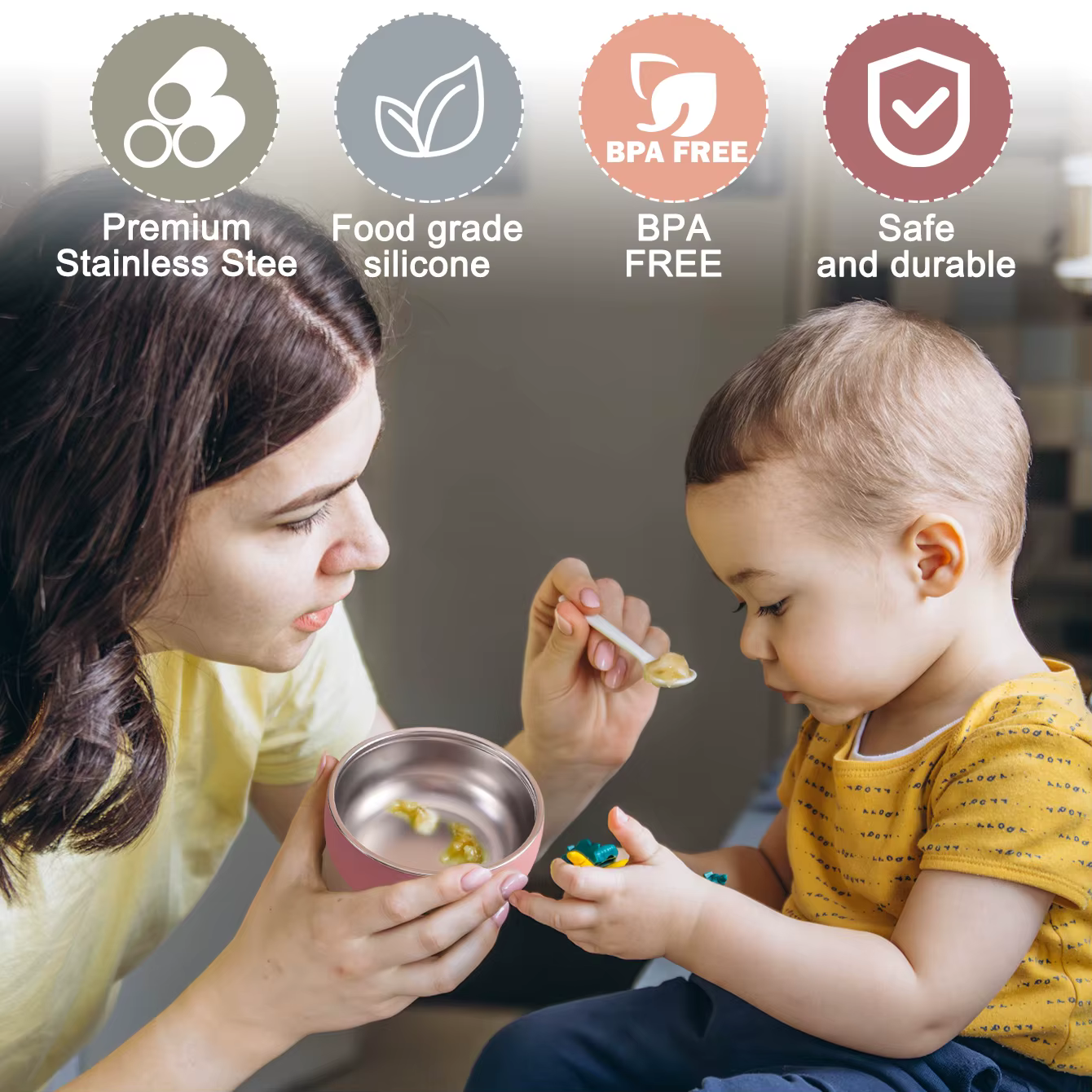 Couleur enfants 2 pièces bol en acier inoxydable ensemble de vaisselle pour l'alimentation du bébé détachable Silicone