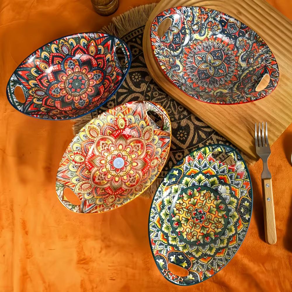 Bol à salade en céramique nouveauté bohème assiette ovale avec poignée micro-ondes sûr bol en forme de bateau bol de nourriture empilable bol de fruits-2PCS