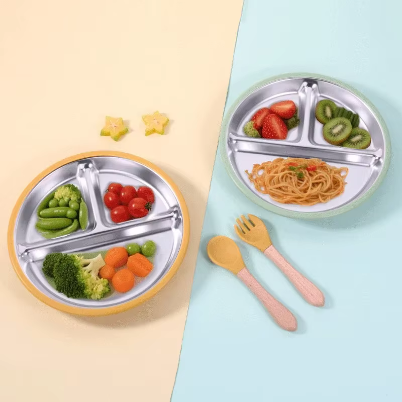Vaisselle pour enfants en acier inoxydable 304 - Assiette divisée avec base d'aspiration en silicone pour la formation