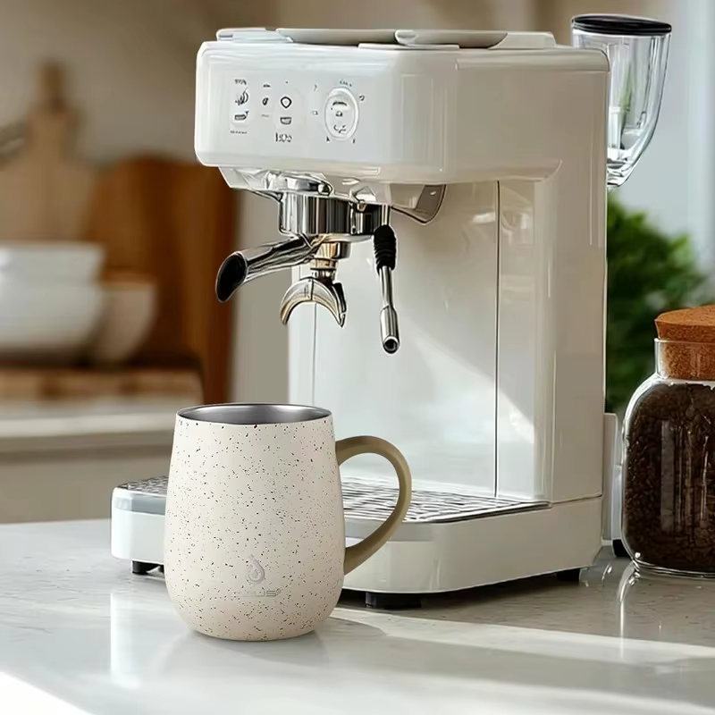 La tasse à café isotherme Ideus a une poignée et un couvercle. C'est