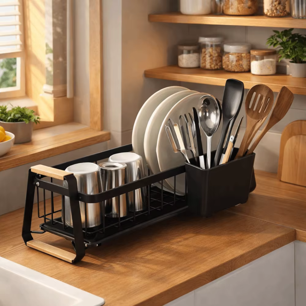 Égouttoir à vaisselle de cuisine détachable grande capacité avec poignée en bois