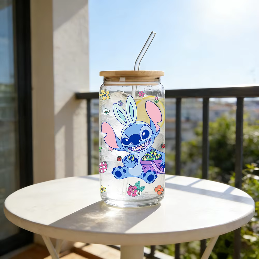 1 pièce Gobelet en verre borosilicate Disney Stitch Pâques de 16 oz avec couvercle et paille