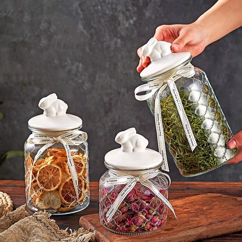 Pot scellé en verre transparent avec couvercle en céramique