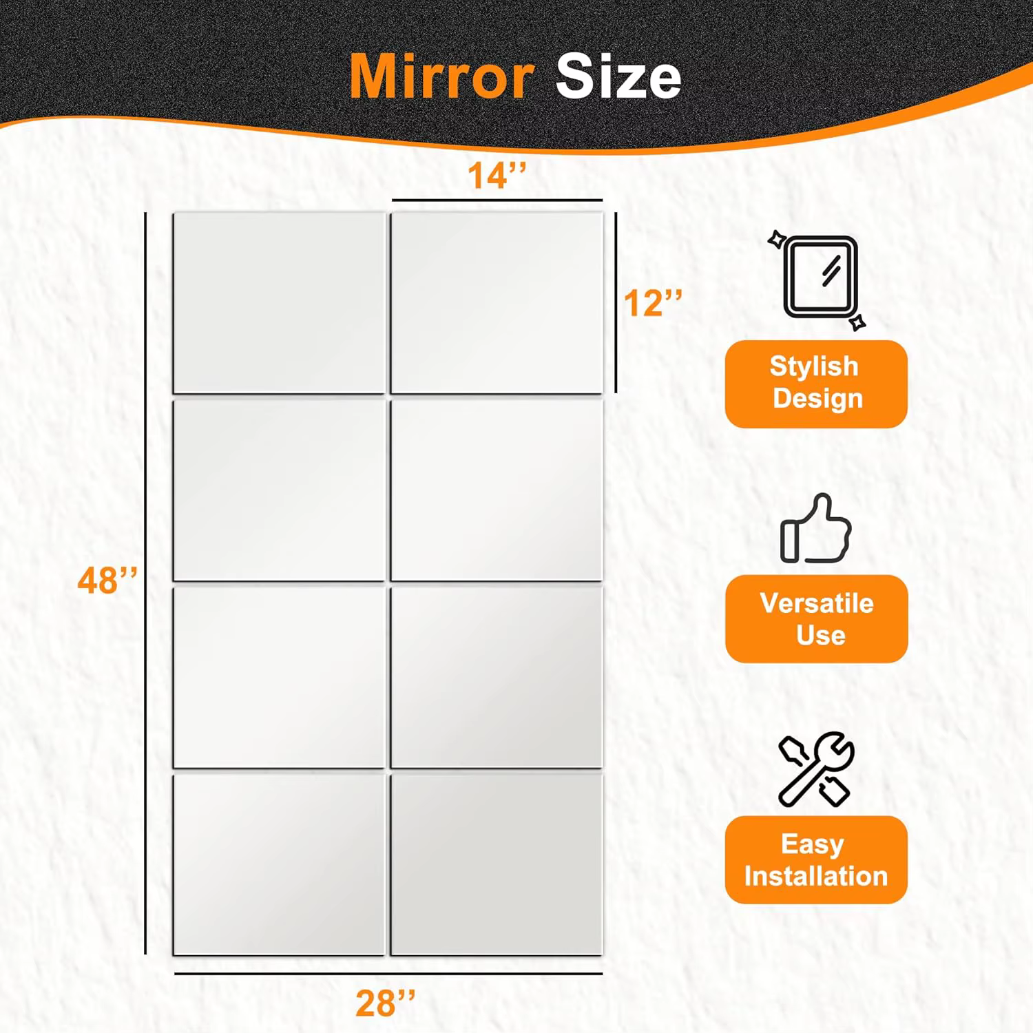 Miroirs muraux sans cadre 14'x12'x8 pièces, panneaux en verre trempé pleine longueur résistants aux chocs pour la maison, la salle de sport, la salle de bain, le lit