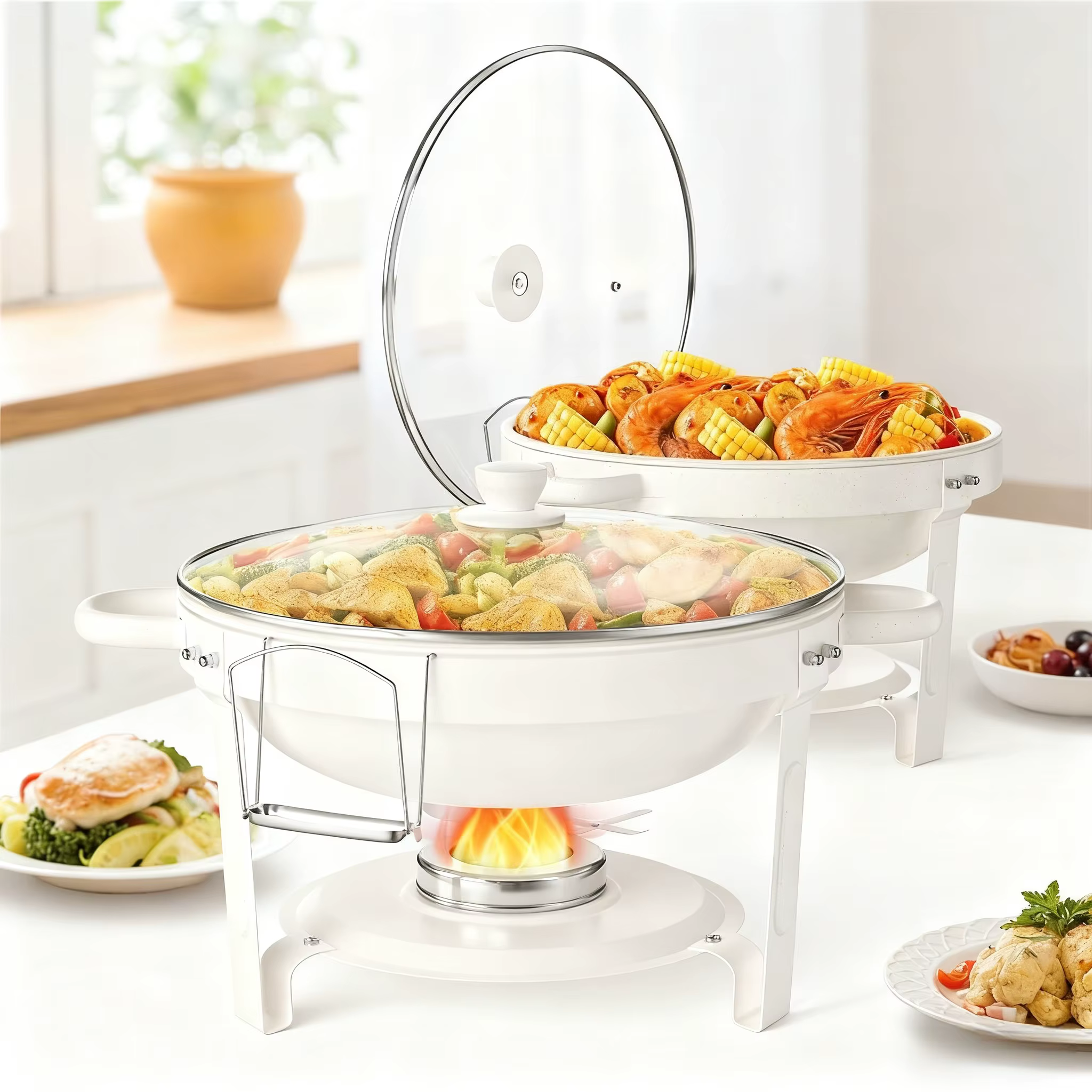 Plats de service blancs pour buffet 5QT avec couvercle en verre empilables