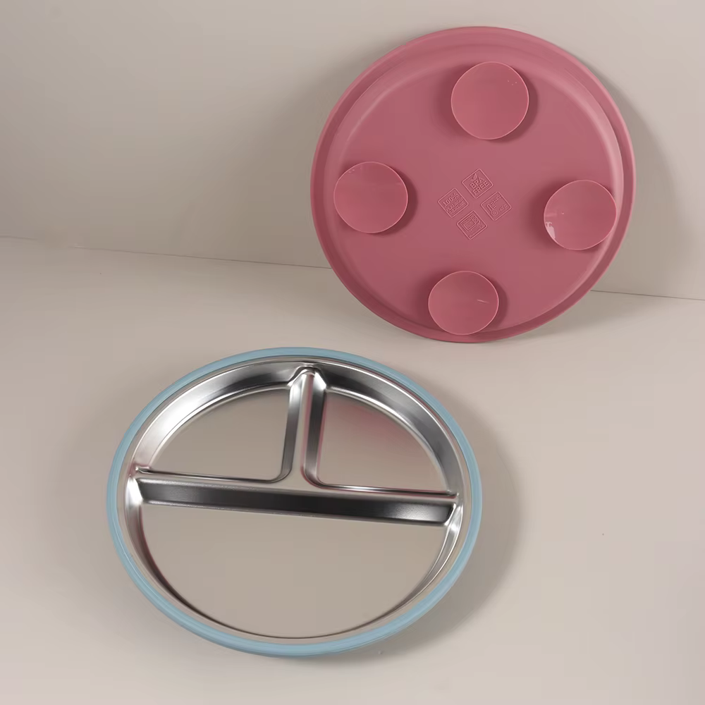 Assiette pour enfants en acier inoxydable avec bord en silicone