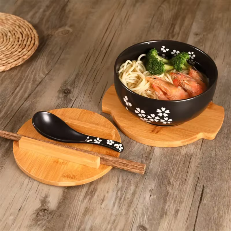 Bol à nouilles de riz de Style japonais avec couvercle