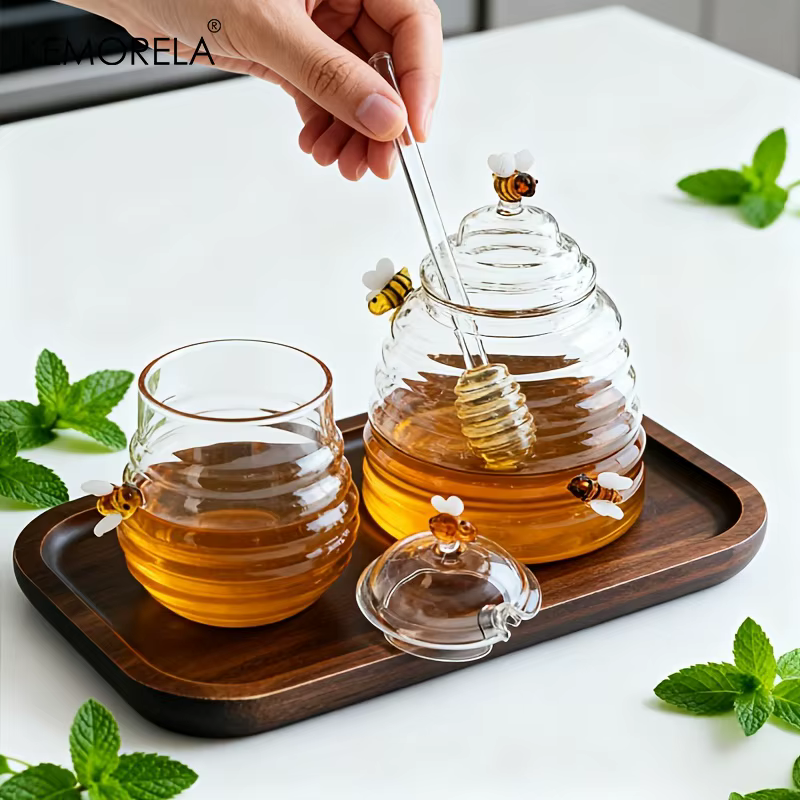 1 pièce Récipient à miel en verre alvéolé avec cuillère
