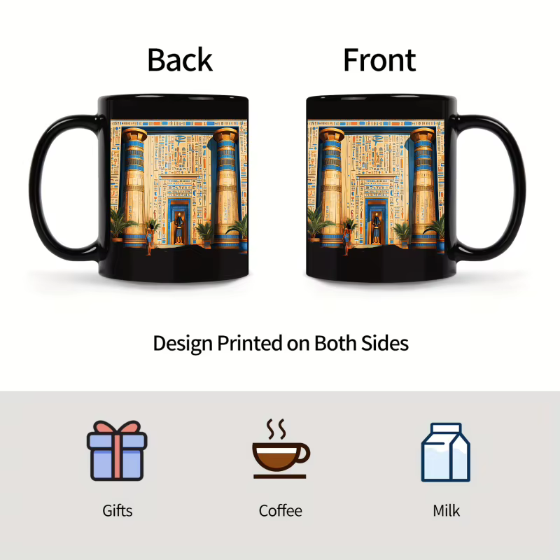 Un temple égyptien noir conçu une tasse en céramique avec hiéroglyphes et colonnes convient à boire du café