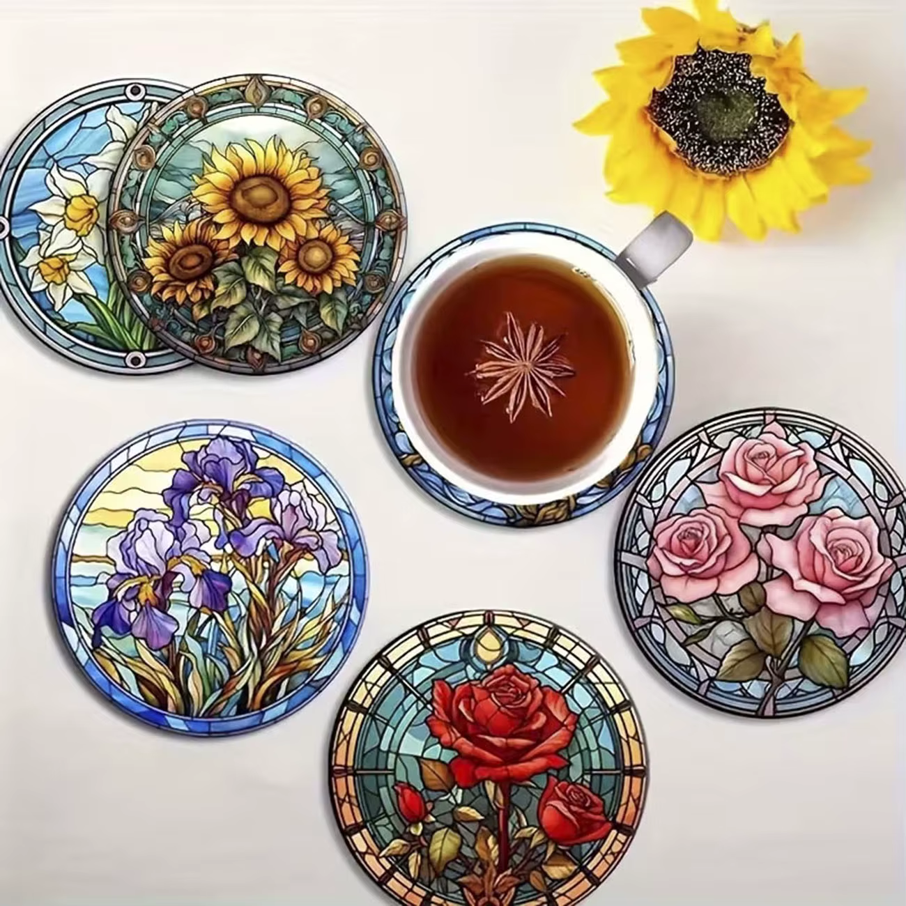 Ensemble de 8 dessous-de-verre en bois à thème floral