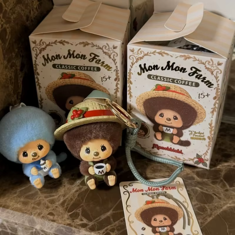 Nouvelle collection originale en stock : Figurine Monchhichi mignonne de la série Ferme du Café, boîte mystère à visage changeant, pendentif, ornement de bureau, jouets, cadeaux
