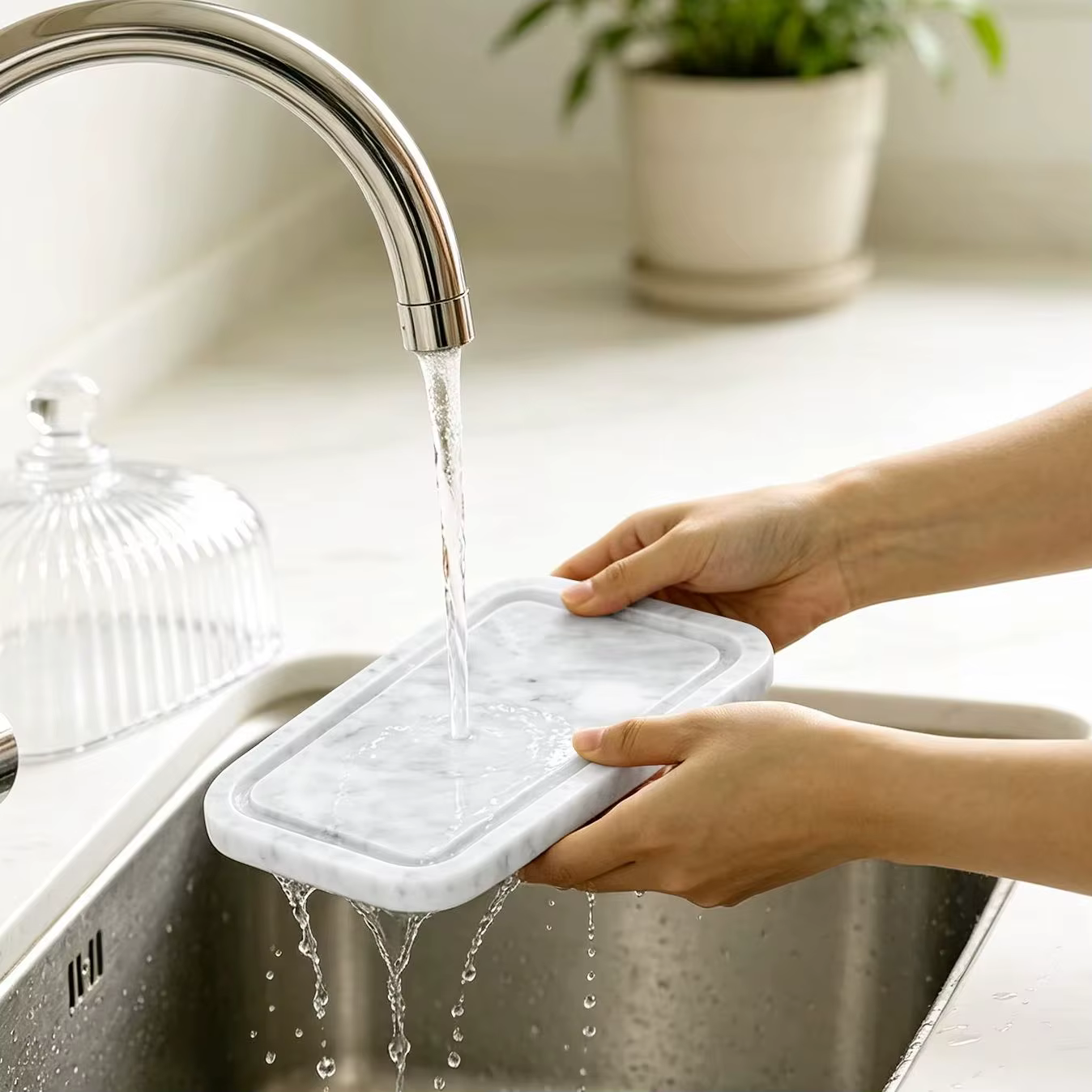 Plateau de service en verre avec base en marbre et couvercle