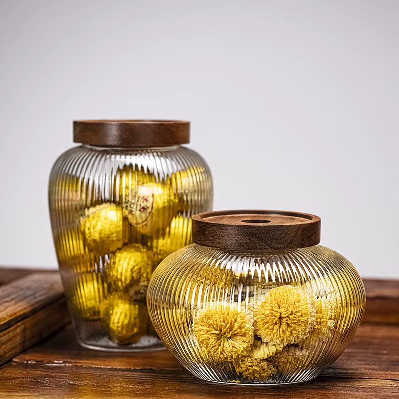 Bocal de rangement en verre avec couvercle en bois d'acacia