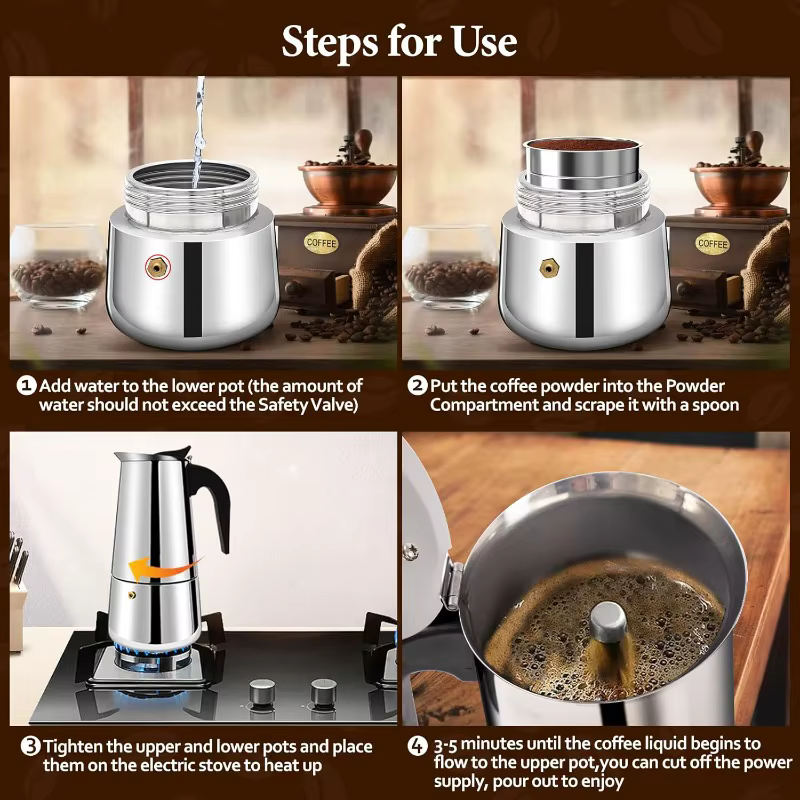 Cafetière Moka 6 tasses en acier inoxydable