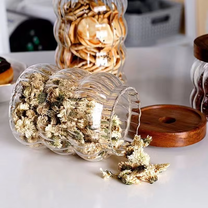 Bouteilles de stockage en verre rayé avec couvercle en bois