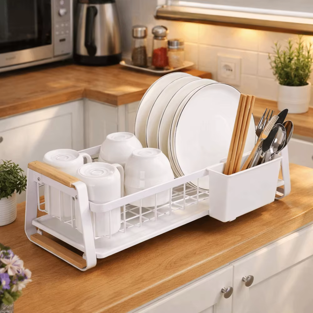 Égouttoir à vaisselle de cuisine détachable grande capacité avec poignée en bois