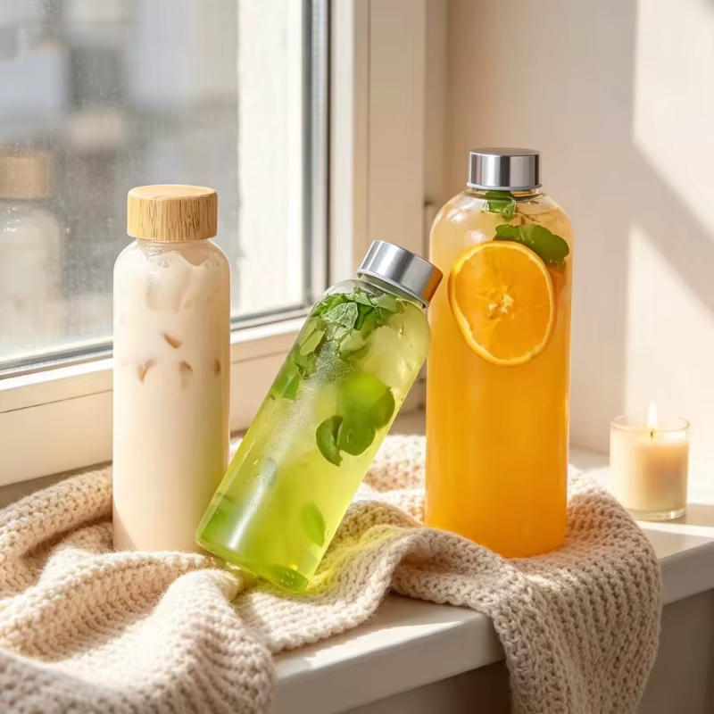 1 bouteille en verre borosilicate avec couvercles en bambou