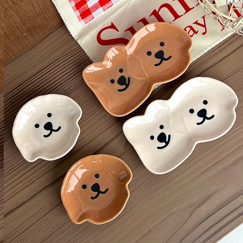 Adorable plat à sauce en céramique avec motif de chien et d'ours mignon – Bol à tremper simple/double compartiment pour