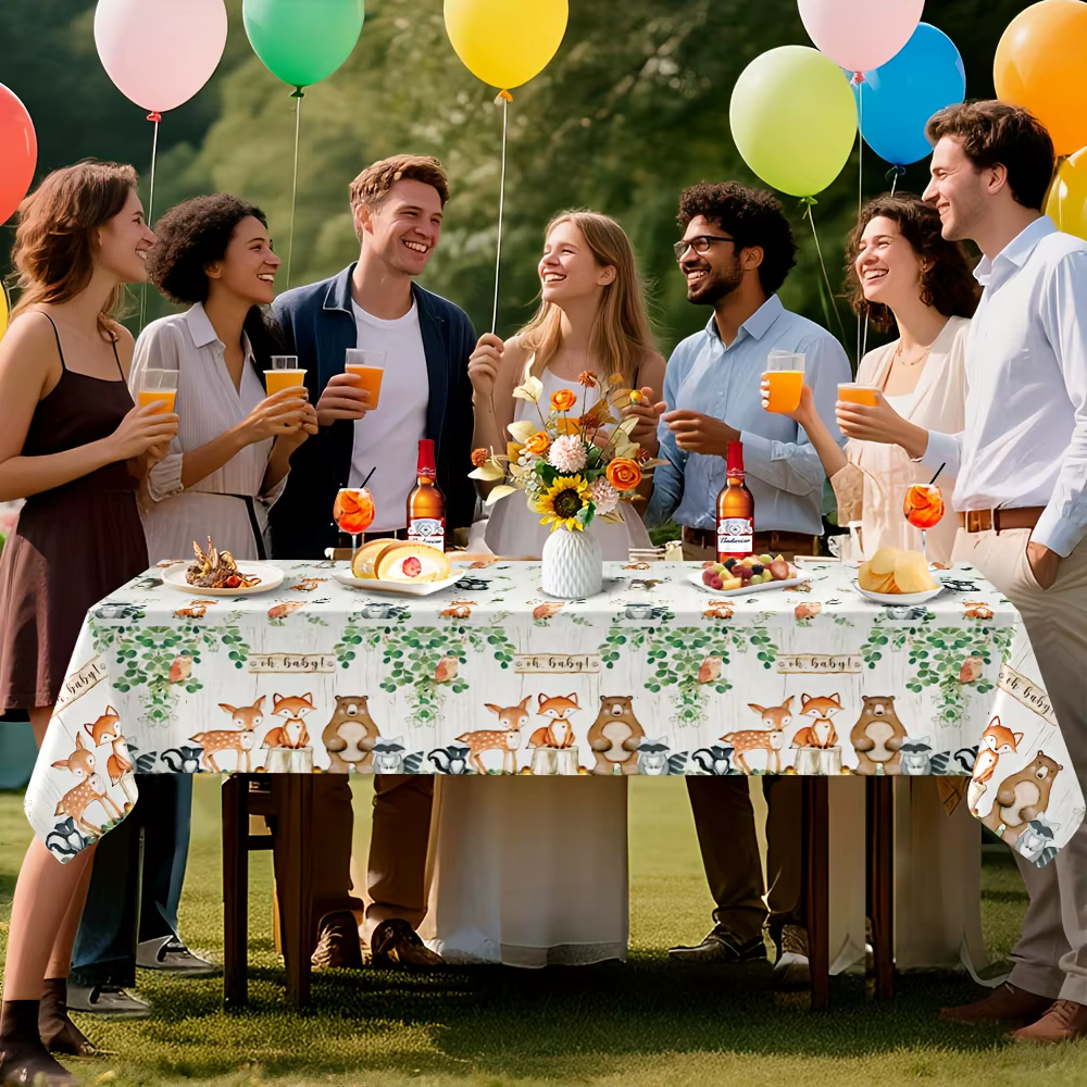 Ensemble de nappe en forme d'animaux de la forêt, 3 pièces, décor de fête à thème de la forêt, plastique imperméable pour anniversaire, réception-cadeau pour bébé, 54x108 pouces, jetable