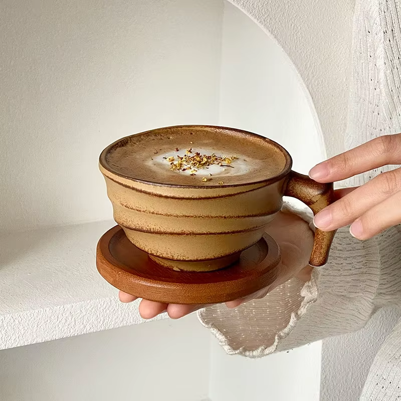 Tasse à café en céramique Vintage faite à la main de 200ml avec soucoupe