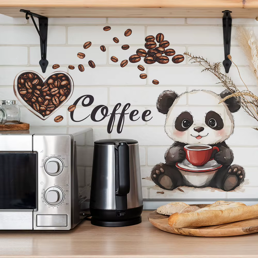 Autocollant mural de panda dessinant un panda buvant du café