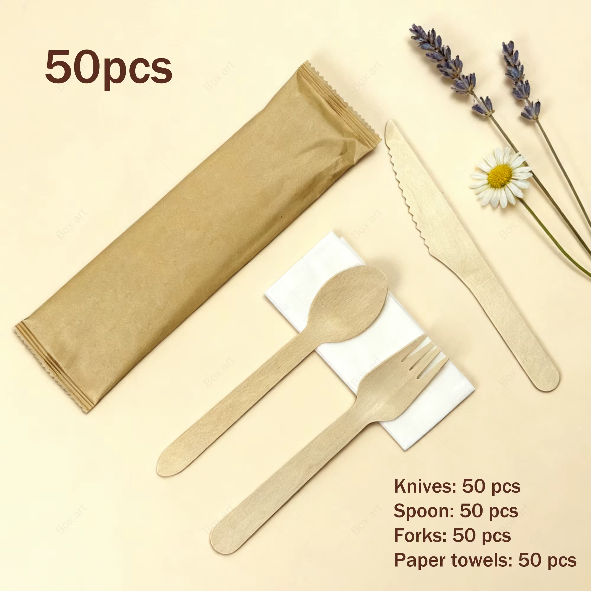 Ensemble de couverts jetables en bois de 50 pièces (couteau + fourchette + cuillère + serviette) fabriqués
