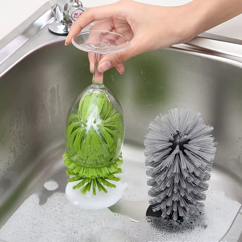 Brosse à ventouse pour évier, pour verres à vin, tasses, bouteilles, poignée à poils durables, nettoyeur de stabilité vertical, brosse en verre avec aspiration Cu