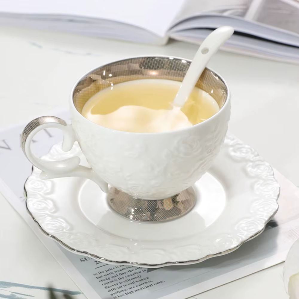 Vintage en céramique tasse à café cuillère assiette ensemble de luxe exquis Latte fleur thé eau