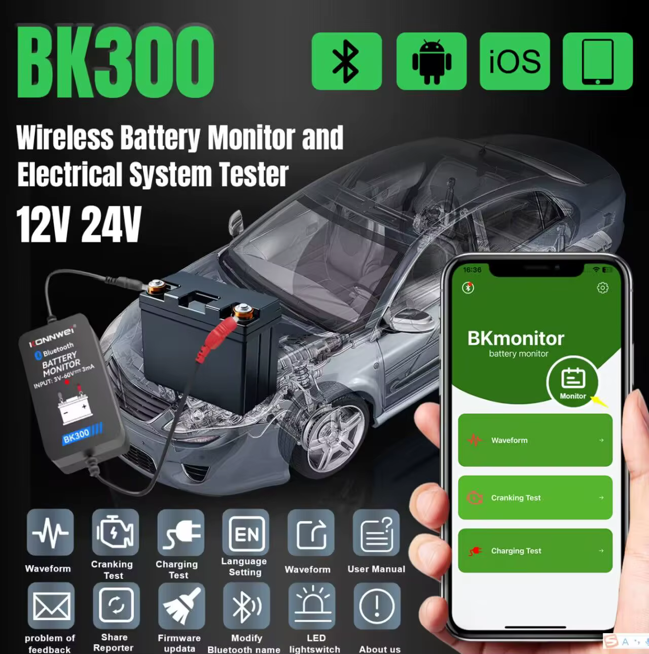 KONNWEI BK300 12V 24V moniteur de batterie sans fil Bluetooth testeur outil LED affichage batterie charge démarrage Test APP surveillance