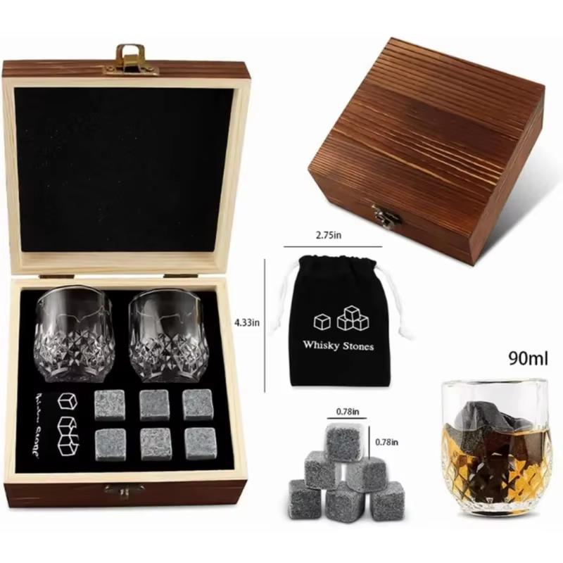 Cadeau de fête des pères pour hommes, ensemble de verres à pierres à whisky, bloc de glace en granit pour whisky dans une boîte de bouteille en bois, cadeau pour papa et mari