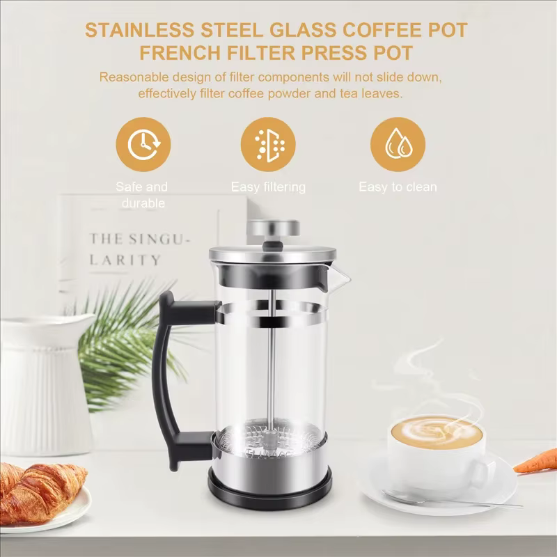 Cafetière à piston en verre borosilicate haute résistance avec filtre