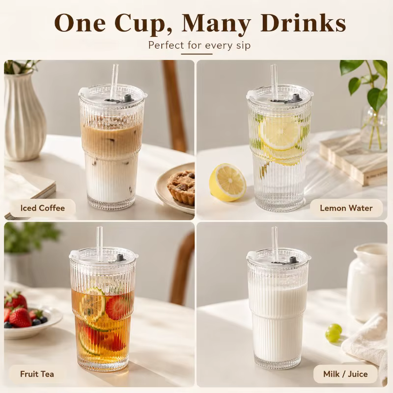 Tasse à café en verre rayé avec couvercle et sans couvercle