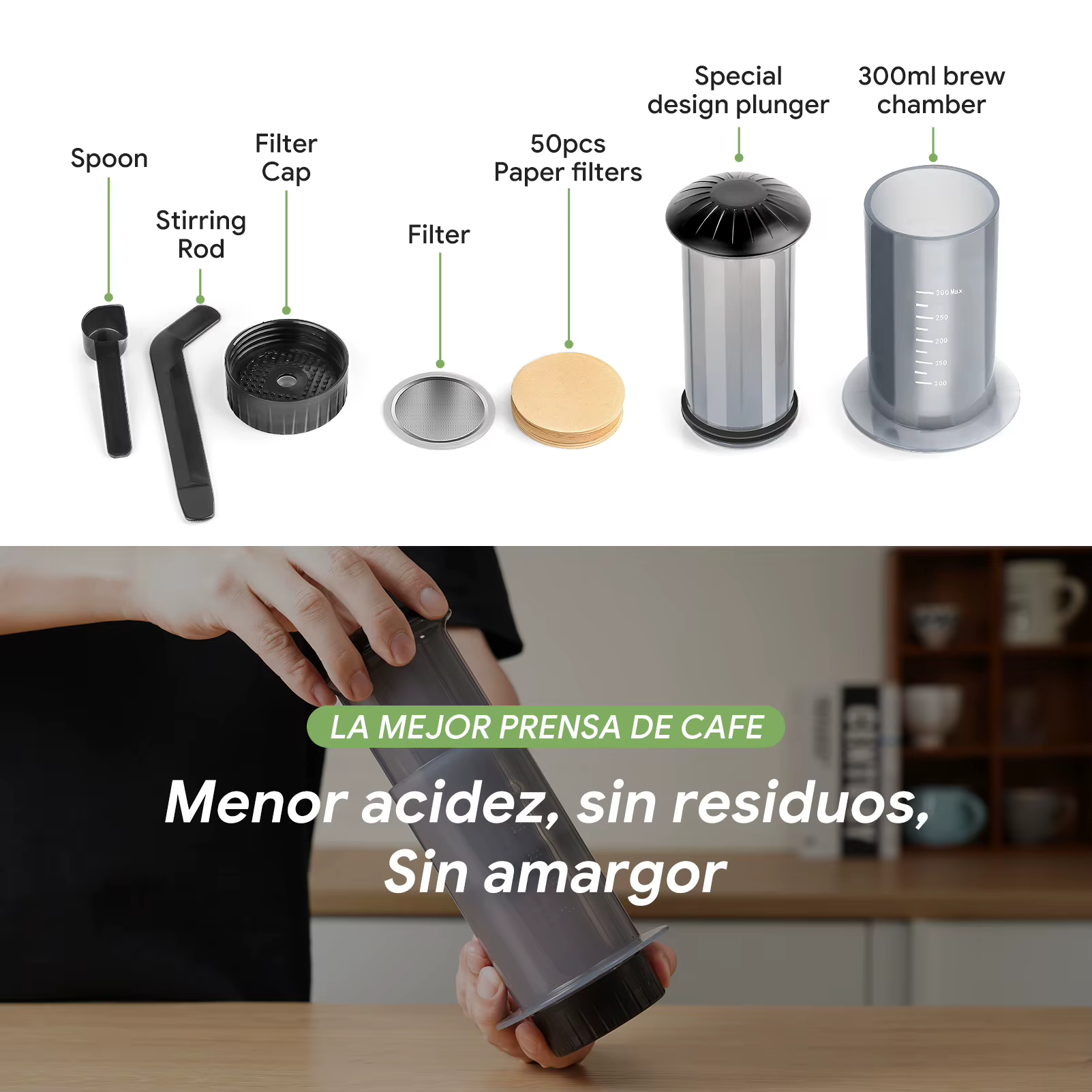 Nouvelle machine à café expresso portable de 300 ml, cafetière à piston française avec kit de filtres en papier, ensemble de bar pour AeroPress