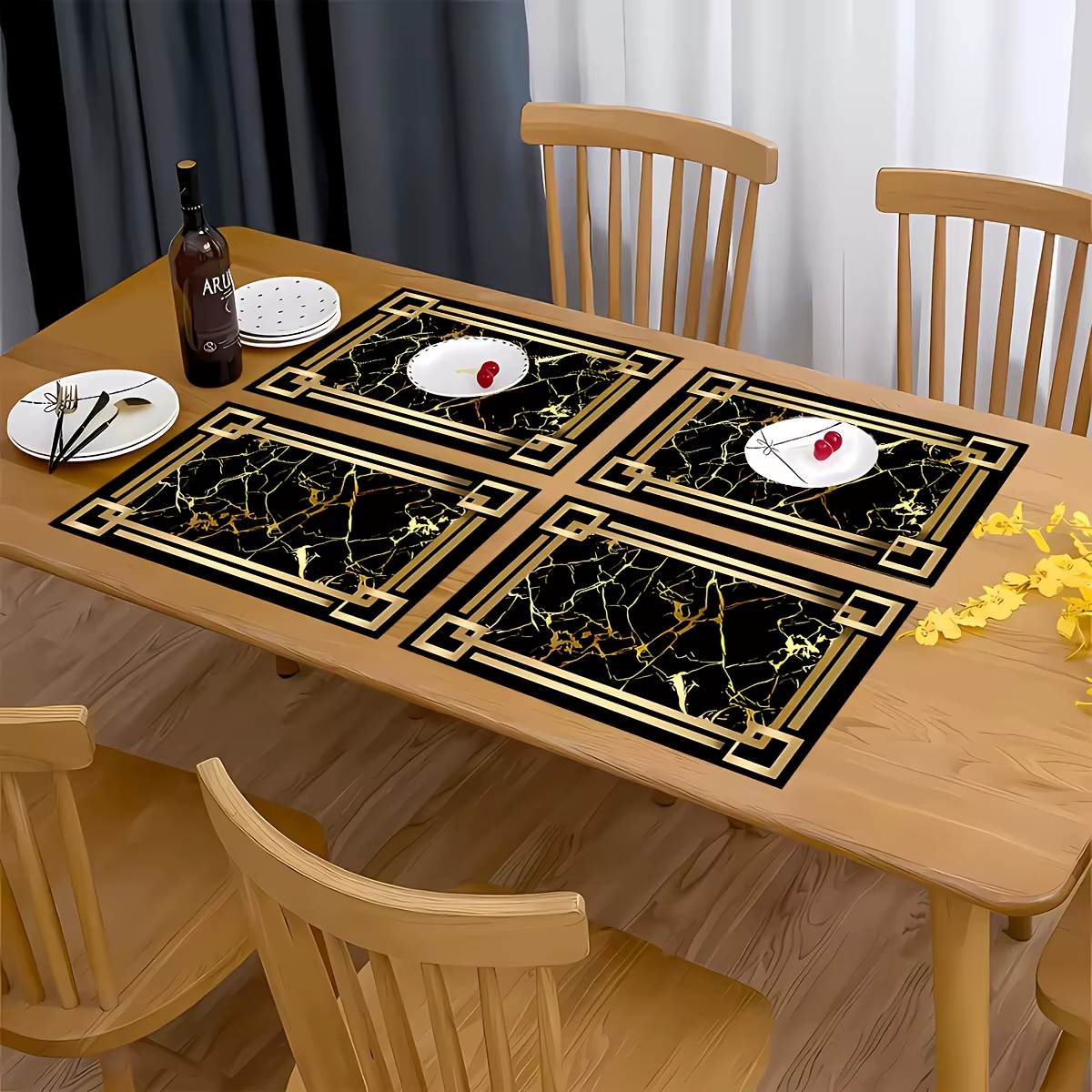 1 sous-plat en lin de cuisine à motifs noirs et dorés
