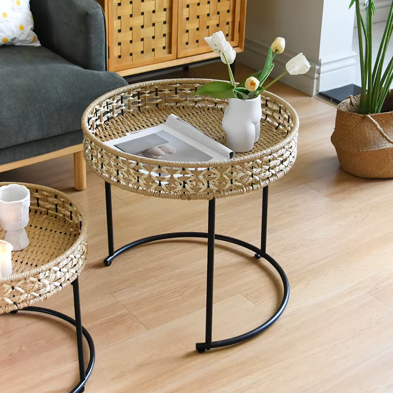 Table basse ronde en rotin de Style japonais, corde tissée, cadre en fer, Table d'appoint à thé pour salon, balcon, décor pour petit appartement