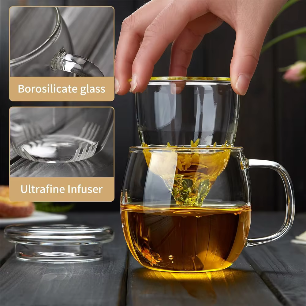 Tasse à thé en verre avec infuseur et couvercle 11oz/350ml